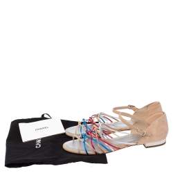 Pre Owned Chanel Beige Suede and Leather Strappy Knot Ankle Strap Flat Sandals Size 38.5