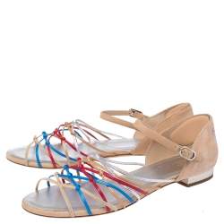 Pre Owned Chanel Beige Suede and Leather Strappy Knot Ankle Strap Flat Sandals Size 38.5