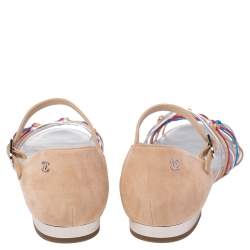 Pre Owned Chanel Beige Suede and Leather Strappy Knot Ankle Strap Flat Sandals Size 38.5