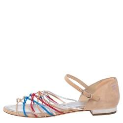 Pre Owned Chanel Beige Suede and Leather Strappy Knot Ankle Strap Flat Sandals Size 38.5