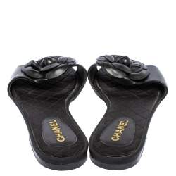 Pre Owned Chanel Black Leather Camellia Slide Flat Sandals Size 37