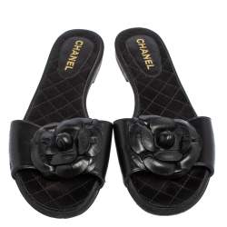 Pre Owned Chanel Black Leather Camellia Slide Flat Sandals Size 37