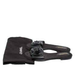 Pre Owned Chanel Black Leather Camellia Slide Flat Sandals Size 37