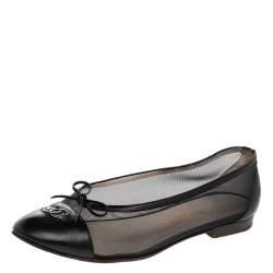 Chanel Black Mesh And Leather CC Bow Ballet Flats Size 37.5 Chanel