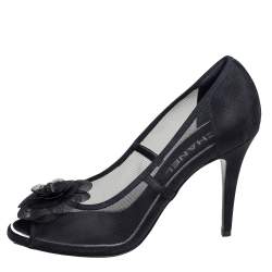 Pre Owned Chanel Black Mesh Camellia Peep Toe Pumps Size 40