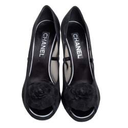 Pre Owned Chanel Black Mesh Camellia Peep Toe Pumps Size 40