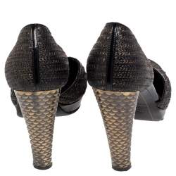 Chanel Black/Gold Python Effect Leather Cap Toe D'orsay Pumps Size 36