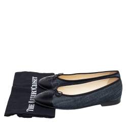 Pre Owned Chanel Blue/Black Leather and Denim CC Cap Toe Bow Ballet Flats Size 39