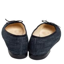 Pre Owned Chanel Blue/Black Leather and Denim CC Cap Toe Bow Ballet Flats Size 39