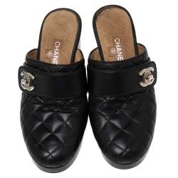 Pre Owned Chanel Black Quilted Leather CC Turnlock Clogs Size 38