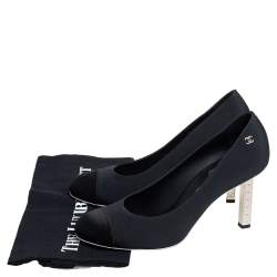 Pre Owned Chanel Black Canvas and Satin CC Cap Toe Pumps Size 39.5
