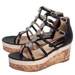 مملوكة مسبقًا Chanel Black Leather Camellia Strappy Cork Platform Sandals Size 38