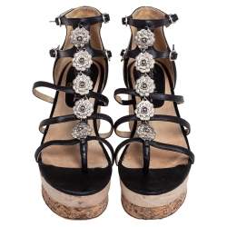 مملوكة مسبقًا Chanel Black Leather Camellia Strappy Cork Platform Sandals Size 38