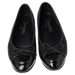 Chanel Black Denim and Coated Canvas CC Cap Toe Bow Ballet Flats Size 39