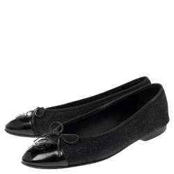 Chanel Black Denim and Coated Canvas CC Cap Toe Bow Ballet Flats Size 39