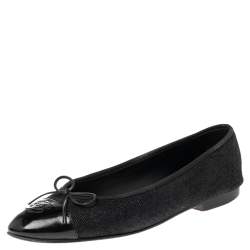 Chanel Black Denim and Coated Canvas CC Cap Toe Bow Ballet Flats Size 39