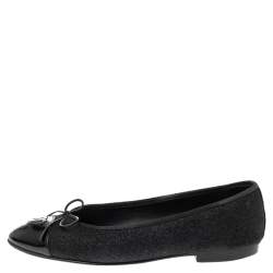 Chanel Black Denim and Coated Canvas CC Cap Toe Bow Ballet Flats Size 39