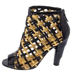 Chanel Black/Gold Woven Caged Patent Leather and Leather Open Toe Swirl Heel Booties Size 37.5
