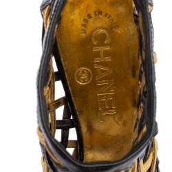 Chanel Black/Gold Woven Caged Patent Leather and Leather Open Toe Swirl Heel Booties Size 37.5