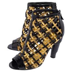 Chanel Black/Gold Woven Caged Patent Leather and Leather Open Toe Swirl Heel Booties Size 37.5