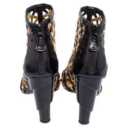 Chanel Black/Gold Woven Caged Patent Leather and Leather Open Toe Swirl Heel Booties Size 37.5