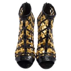 Chanel Black/Gold Woven Caged Patent Leather and Leather Open Toe Swirl Heel Booties Size 37.5