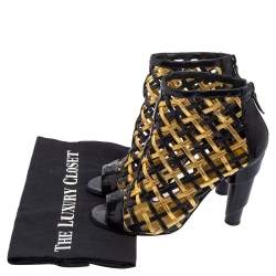 Chanel Black/Gold Woven Caged Patent Leather and Leather Open Toe Swirl Heel Booties Size 37.5