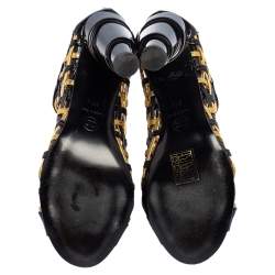 Chanel Black/Gold Woven Caged Patent Leather and Leather Open Toe Swirl Heel Booties Size 37.5