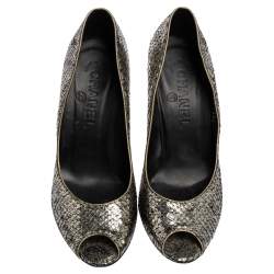 Pre Owned Chanel Silver Metallic Python Peep Toe Pumps Size 36.5