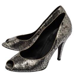 Pre Owned Chanel Silver Metallic Python Peep Toe Pumps Size 36.5