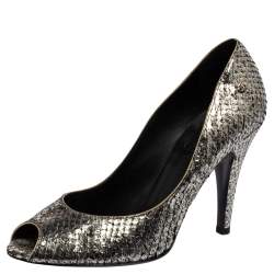 Pre Owned Chanel Silver Metallic Python Peep Toe Pumps Size 36.5