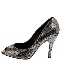 Pre Owned Chanel Silver Metallic Python Peep Toe Pumps Size 36.5