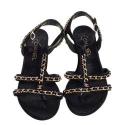 Pre Owned Chanel Black Suede Interlocking Chain Embellished Flats Size 39.5