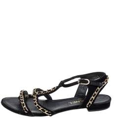 Pre Owned Chanel Black Suede Interlocking Chain Embellished Flats Size 39.5