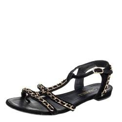 Pre Owned Chanel Black Suede Interlocking Chain Embellished Flats Size 39.5