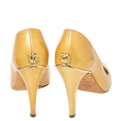 Chanel Gold Patent Leather CC Peep Toe Pumps Size 36.5