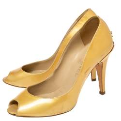 Chanel Gold Patent Leather CC Peep Toe Pumps Size 36.5