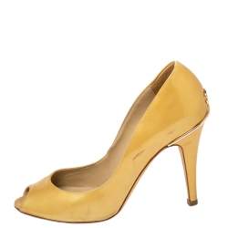 Chanel Gold Patent Leather CC Peep Toe Pumps Size 36.5