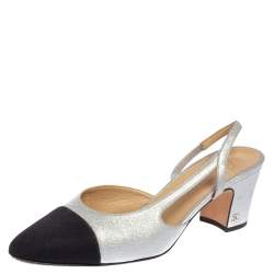Pre Owned Chanel Black/Silver Leather and Fabric Cap Toe Slingback Sandals Size 38.5
