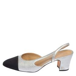 Pre Owned Chanel Black/Silver Leather and Fabric Cap Toe Slingback Sandals Size 38.5