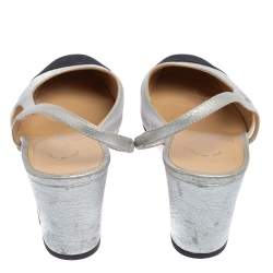 Pre Owned Chanel Black/Silver Leather and Fabric Cap Toe Slingback Sandals Size 38.5