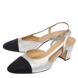 Pre Owned Chanel Black/Silver Leather and Fabric Cap Toe Slingback Sandals Size 38.5