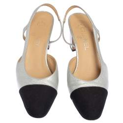 Pre Owned Chanel Black/Silver Leather and Fabric Cap Toe Slingback Sandals Size 38.5