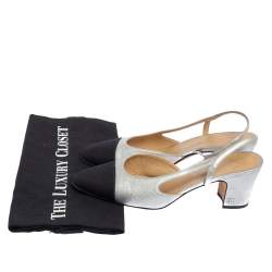 Pre Owned Chanel Black/Silver Leather and Fabric Cap Toe Slingback Sandals Size 38.5