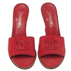 Chanel Red Canvas CC Wedge Slide Sandals Size 38.5