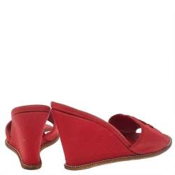 Chanel Red Canvas CC Wedge Slide Sandals Size 38.5