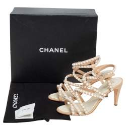 Chanel Beige Quilted Leather Pearl Embellished Ankle Strap Sandals Size 37.5