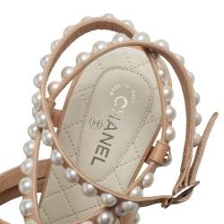 Chanel Beige Quilted Leather Pearl Embellished Ankle Strap Sandals Size 37.5