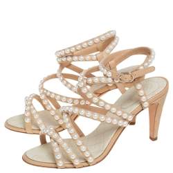 Chanel Beige Quilted Leather Pearl Embellished Ankle Strap Sandals Size 37.5