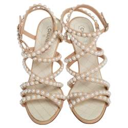 Chanel Beige Quilted Leather Pearl Embellished Ankle Strap Sandals Size 37.5